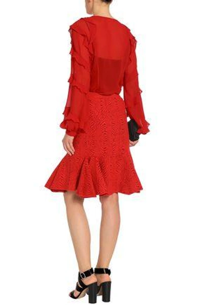 Shop Lanvin Woman Ruffled Jacquard-knit Skirt Red