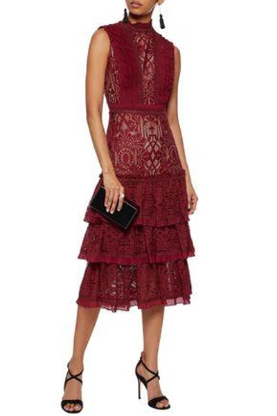 Shop Jonathan Simkhai Tiered Pleat-trimmed Lace Dress In Claret