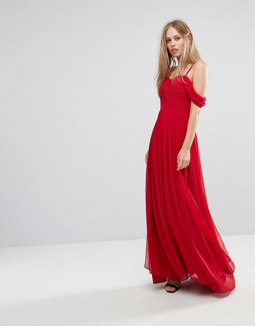 red cold shoulder maxi dress