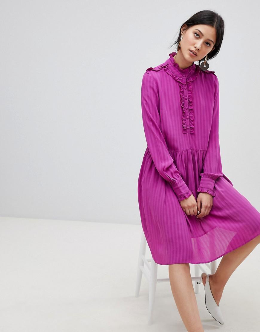 high neck ruffle midi dress