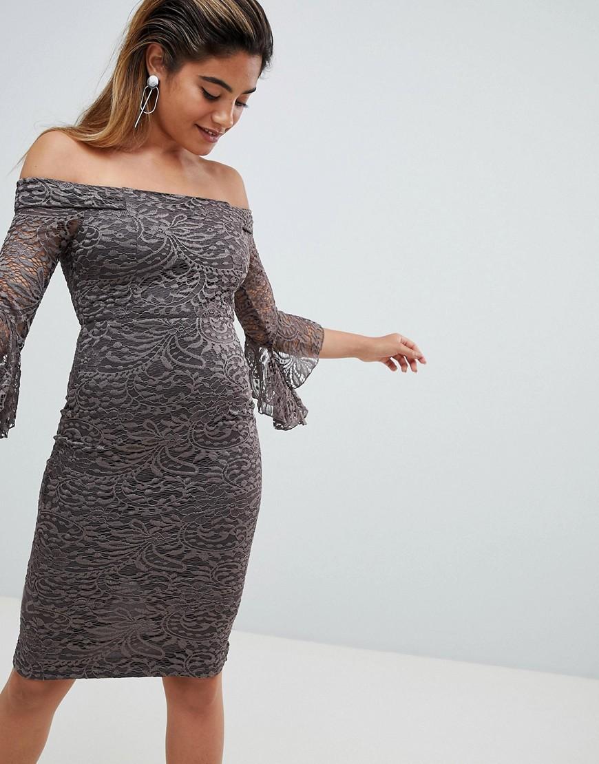 bardot lace midi dress