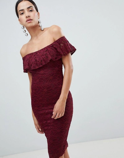 Shop Ax Paris Bardot Frill Overlay Lace Midi Dress-red