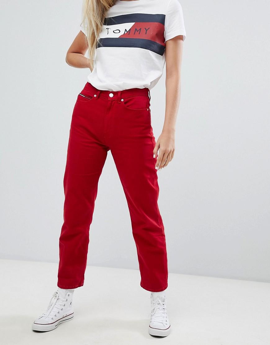 red straight jeans