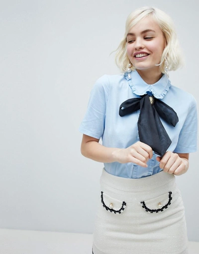 Shop Sister Jane Blouse With Cameo Broach Pussybow And Frill Collar - Blue