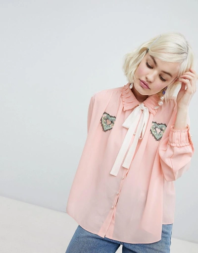 Shop Sister Jane Blouse With Ribbon Tie And Heart Patch Detail - Pink