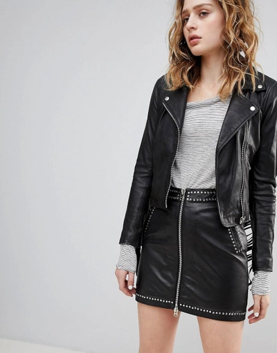 Shop Goosecraft Festival Leather Mini Skirt With Zip And Stud Detail-black