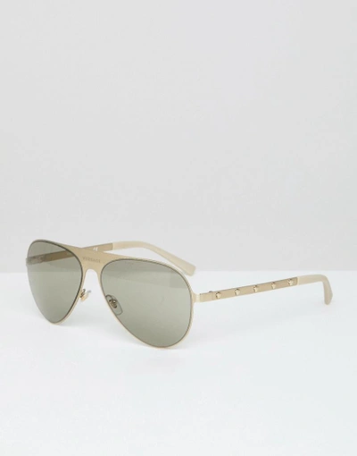 Shop Versace Aviator Sunglasses With Logo - Gold