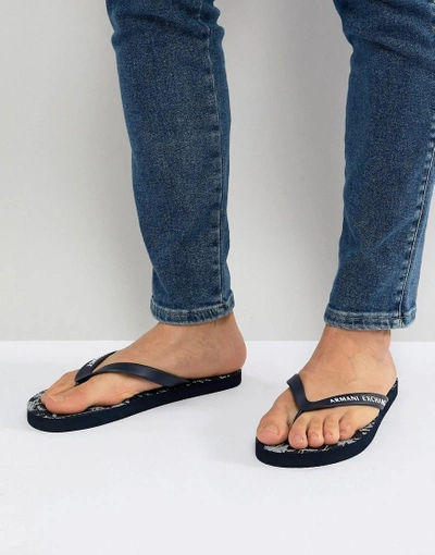 Shop Armani Exchange Palm Print Flip Flop In Navy - Navy