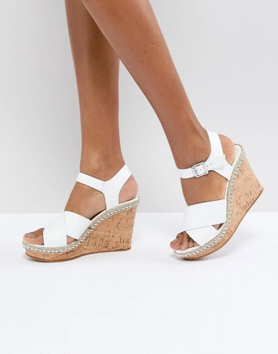 Shop Dune Cork Wedge With Leather Tan Cross Straps - White
