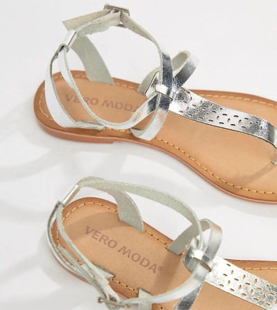 Shop Vero Moda Flat Leather Sandal - Silver