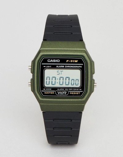 Shop Casio F-91wm-3aef Digital Silicone Watch In Black/green