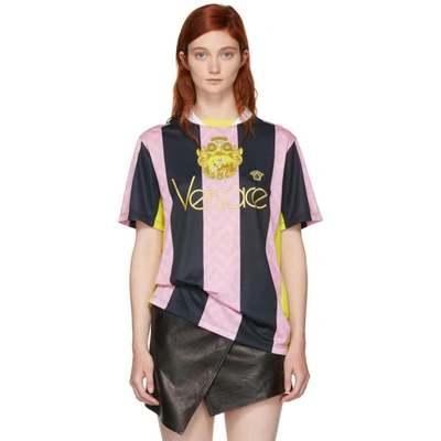 Shop Versace Pink And Black Stripe Logo Football T-shirt In A3029 Pink