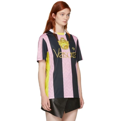 Shop Versace Pink And Black Stripe Logo Football T-shirt In A3029 Pink