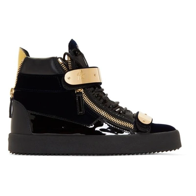 Shop Giuseppe Zanotti Navy Velvet May London High-top Sneakers