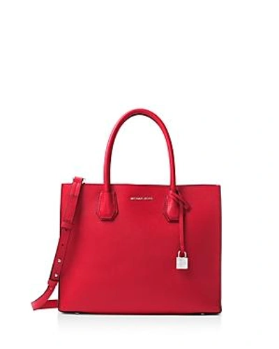 Shop Michael Michael Kors Studio Mercer Convertible Large Leather Tote In Bright Red/silver