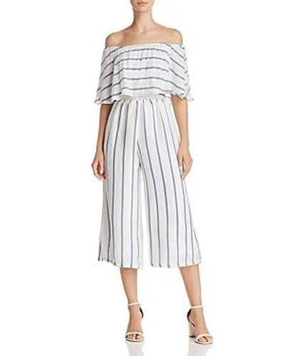 Shop Olivaceous Off-the-shoulder Striped Cropped Jumpsuit In White/blue