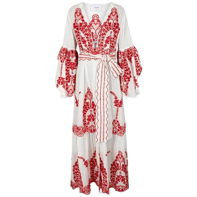 Shop We Are Leone Off White Embroidered Cotton Maxi Jacket In White And Red
