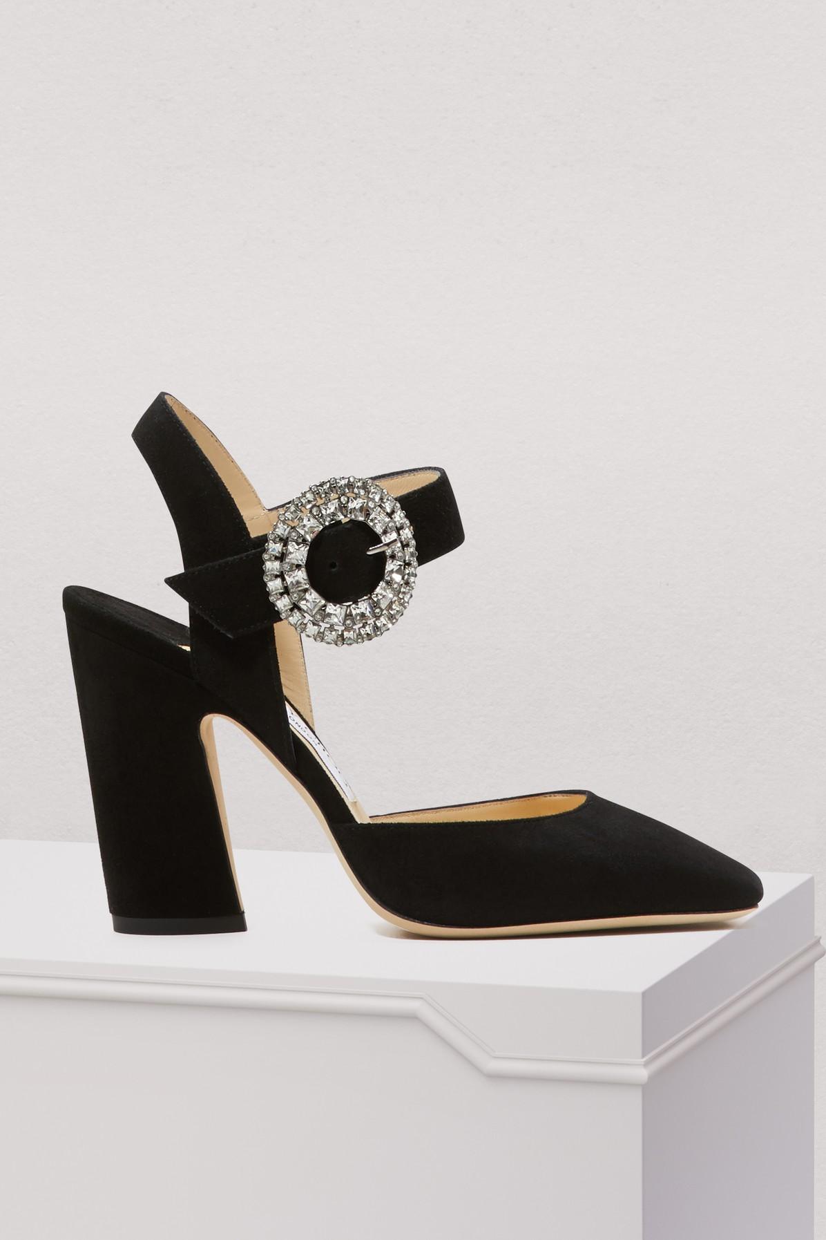 Jimmy Choo Mischa 85 Black Suede Slingback Sandals With Crystal Buckle |  ModeSens