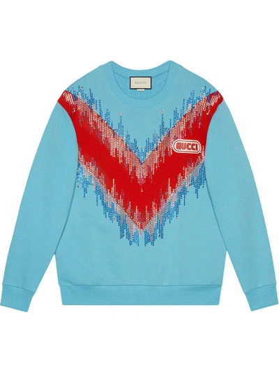 Shop Gucci Bead Embroidered Cotton Sweatshirt - Blue