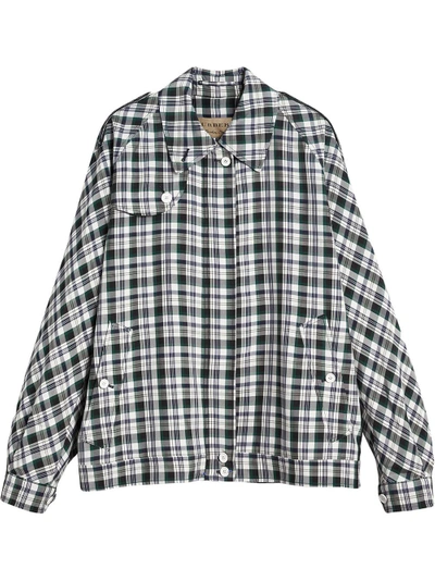 Shop Burberry Check Oversized Harrington Jacket - Green