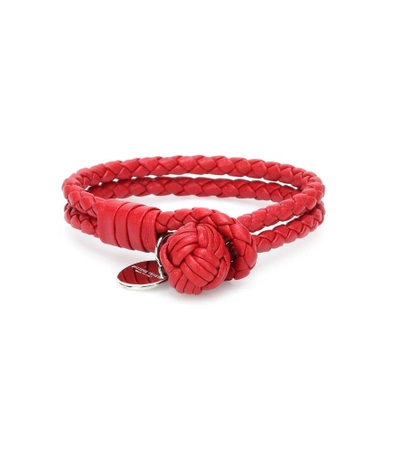 Shop Bottega Veneta Knot Intrecciato Leather Bracelet In Red