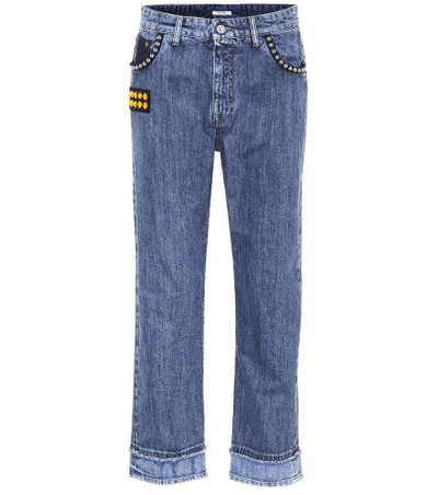 Shop Miu Miu Embellished Cropped Jeans In Blue