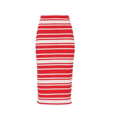 Shop Prada Striped Knit Midi Skirt In Red