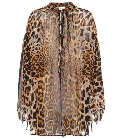 Shop Saint Laurent Leopard-printed Silk Top In Brown