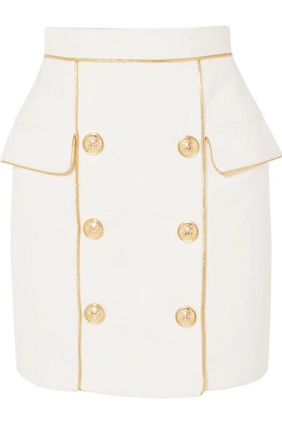 Shop Balmain Button-embellished Woven Mini Skirt In White