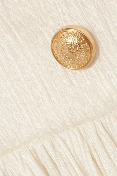 Shop Balmain Button-detailed Plissé Silk-crepe Gown In White