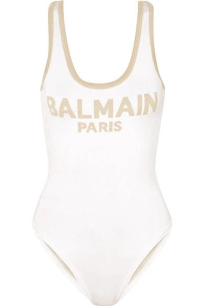 Shop Balmain Metallic Intarsia Knitted Bodysuit In White