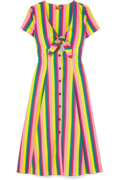 Shop Staud Alice Tie-front Striped Stretch-cotton Poplin Dress In Pink