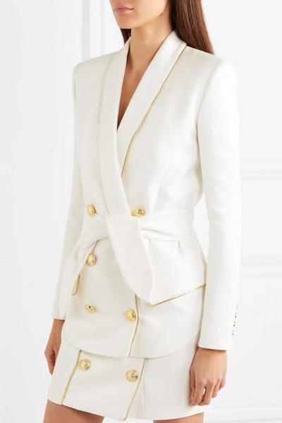 Shop Balmain Belted Double-breasted Woven Blazer In White