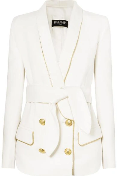 Shop Balmain Belted Double-breasted Woven Blazer In White