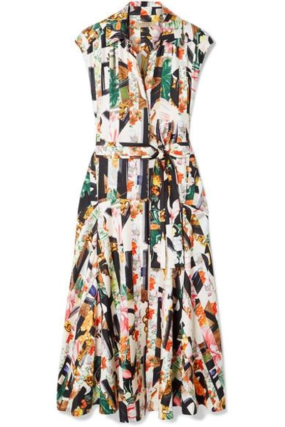 Shop Burberry Sacha Belted Printed Silk-twill Midi Dress In Green