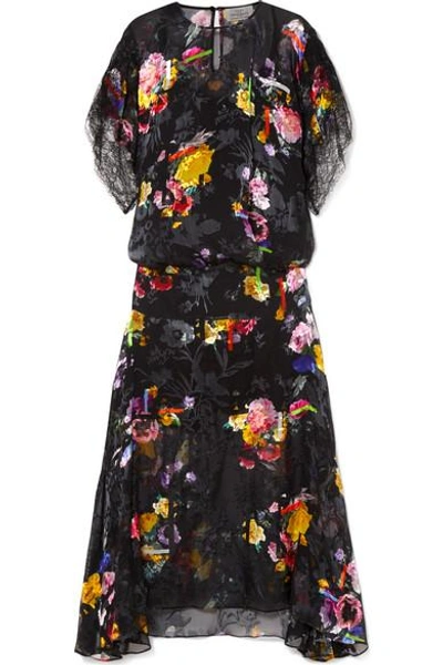 Shop Preen By Thornton Bregazzi Leonora Floral-print Devoré Silk-blend Satin Midi Dress In Black