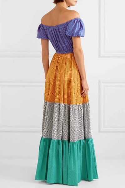 Shop Caroline Constas Bardot Off-the-shoulder Printed Cotton-blend Maxi Dress In Purple