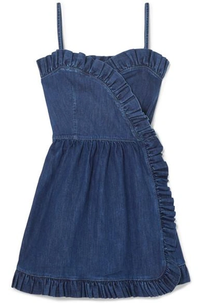 Shop Stella Mccartney Ruffled Denim Wrap Mini Dress In Blue
