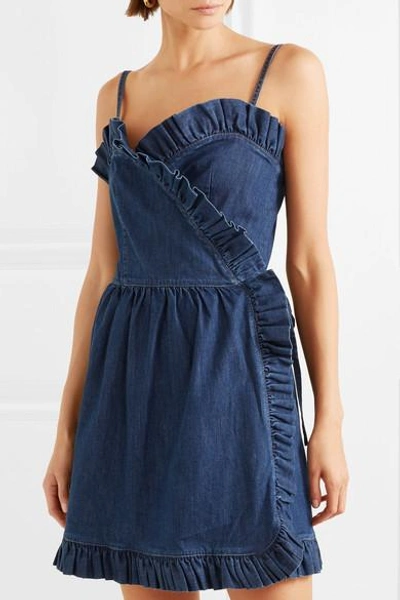 Shop Stella Mccartney Ruffled Denim Wrap Mini Dress In Blue