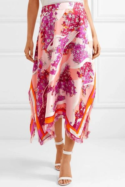 Shop Emilio Pucci Fringed Printed Silk-twill Midi Skirt In Pink