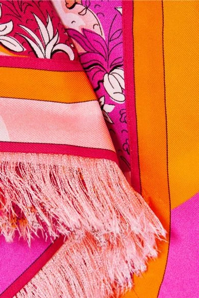 Shop Emilio Pucci Fringed Printed Silk-twill Midi Skirt In Pink
