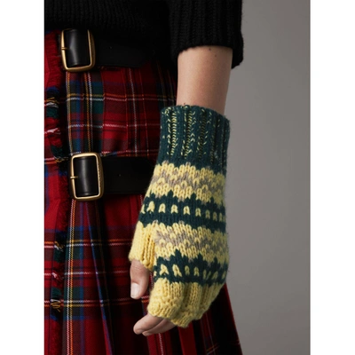 Shop Burberry Fair Isle Cashmere Wool Blend Fingerless Gloves In Pine Green