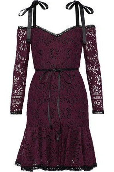 Shop Alexis Sophia Cold-shoulder Corded Lace Mini Dress In Burgundy