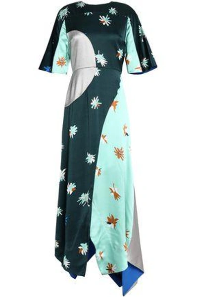 Shop Roksanda Woman Amaya Color-block Hammered Silk-satin Maxi Dress Petrol