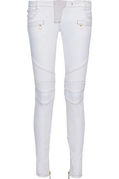 Shop Balmain Moto-style Low-rise Skinny Jeans In White