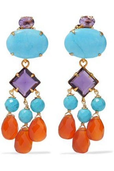 Shop Bounkit Woman Gold-tone, Crystal, Bead And Stone Earrings Turquoise