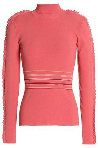 Shop Roksanda Woman Ruffle-trimmed Striped Ribbed-knit Turtleneck Sweater Pink