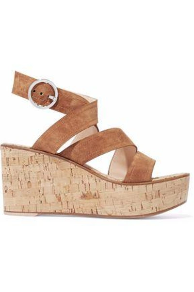 Shop Gianvito Rossi Woman Denim And Cork Wedge Sandals Camel