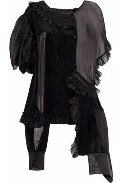 Shop Simone Rocha Woman Asymmetric Ruffled Silk-satin And Chiffon Blouse Black