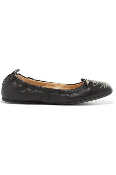Shop Charlotte Olympia Kitty Embroidered Leather Ballet Flats In Black